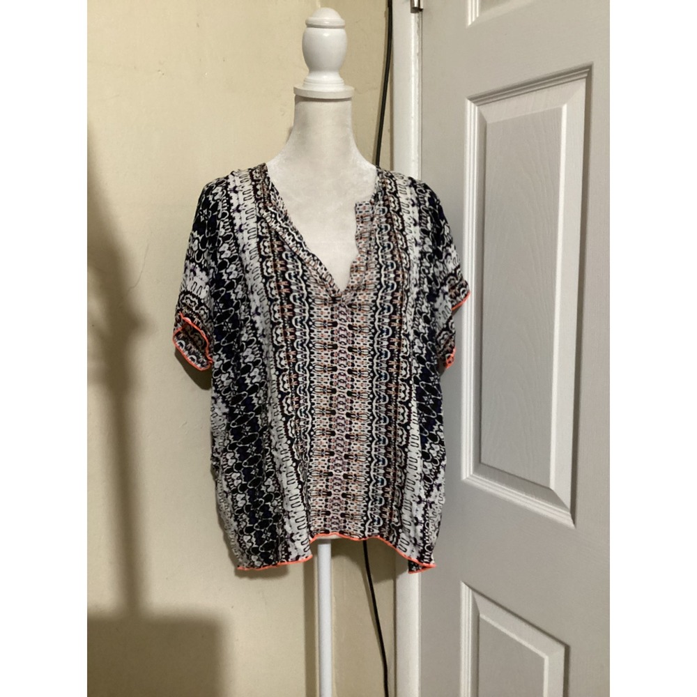 John Eshaya Womens P/S Tribal Print Split Neck Blouse Black White Orange Neon